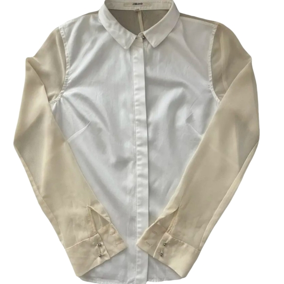 J Brand White Cotton Sheer Contrast Sleeve Blouse XS - Picture 6 of 16